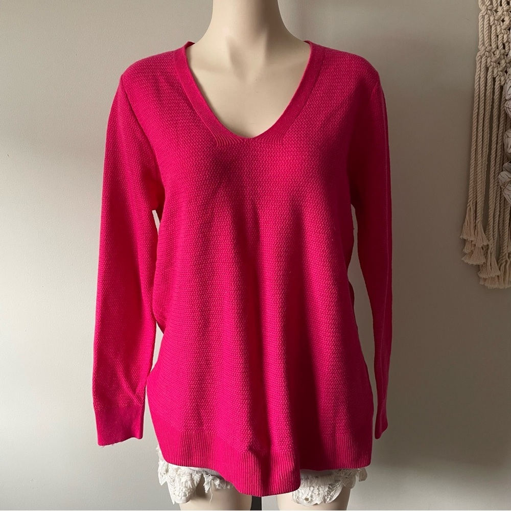 GAP Merino Wool Blend Hot Pink Knit V-Neck Textured Knit Sweater Size Large